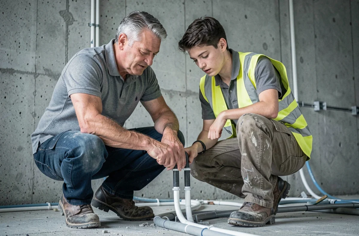 Formateur BTP encadrant un apprenti lors d'une session pratique d'installation électrique dans un bâtiment en construction