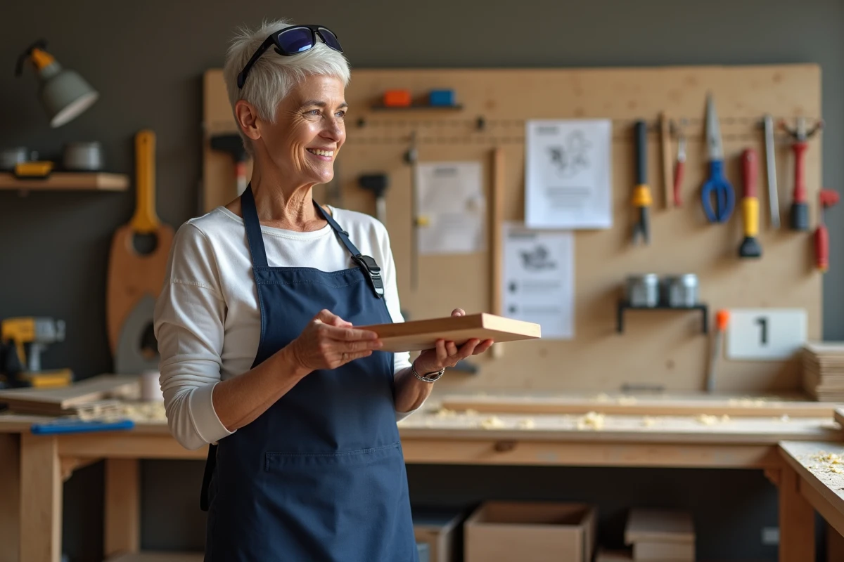 Femme senior fière tenant une étagère en bois assemblée lors d'une formation bricolage rassurante pour débutants