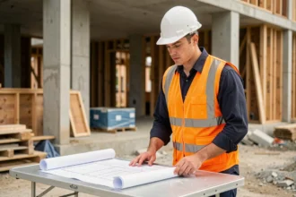 Jeune stagiaire en formation BTP consultant des plans sur un chantier de construction avec casque et gilet de sécurité orange