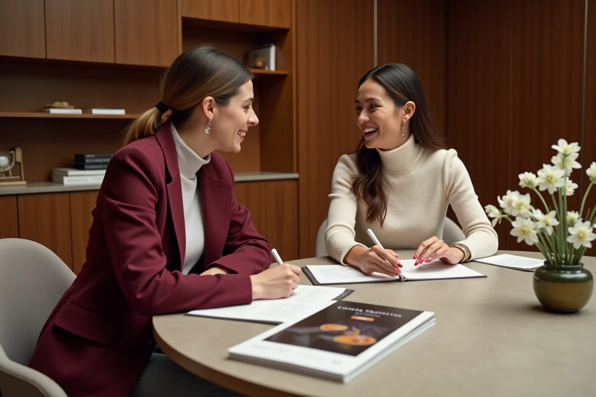 Deux professionnelles discutant du programme de certification LVMH autour d'une table de réunion