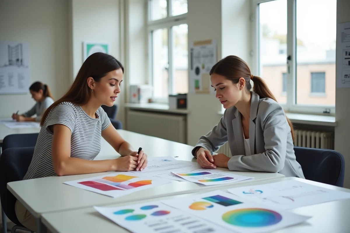 Deux femmes suivant une formation en décoration intérieure dans une salle de cours moderne, consultant des supports pédagogiques et palettes de couleurs