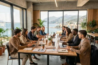 Groupe de jeunes adultes en formation en alternance dans les Alpes-Maritimes, travaillant ensemble dans un espace moderne avec vue sur la Côte d'Azur