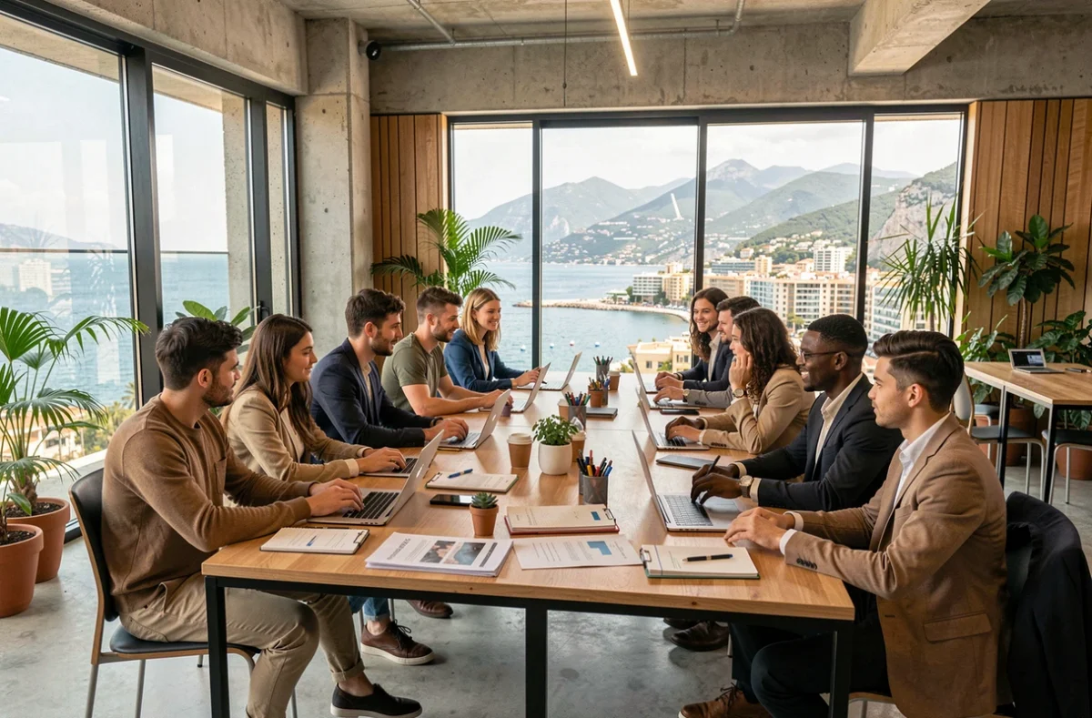 Groupe de jeunes adultes en formation en alternance dans les Alpes-Maritimes, travaillant ensemble dans un espace moderne avec vue sur la Côte d'Azur