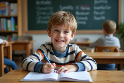 Garçon souriant en classe écrivant dans un cahier de grammaire française