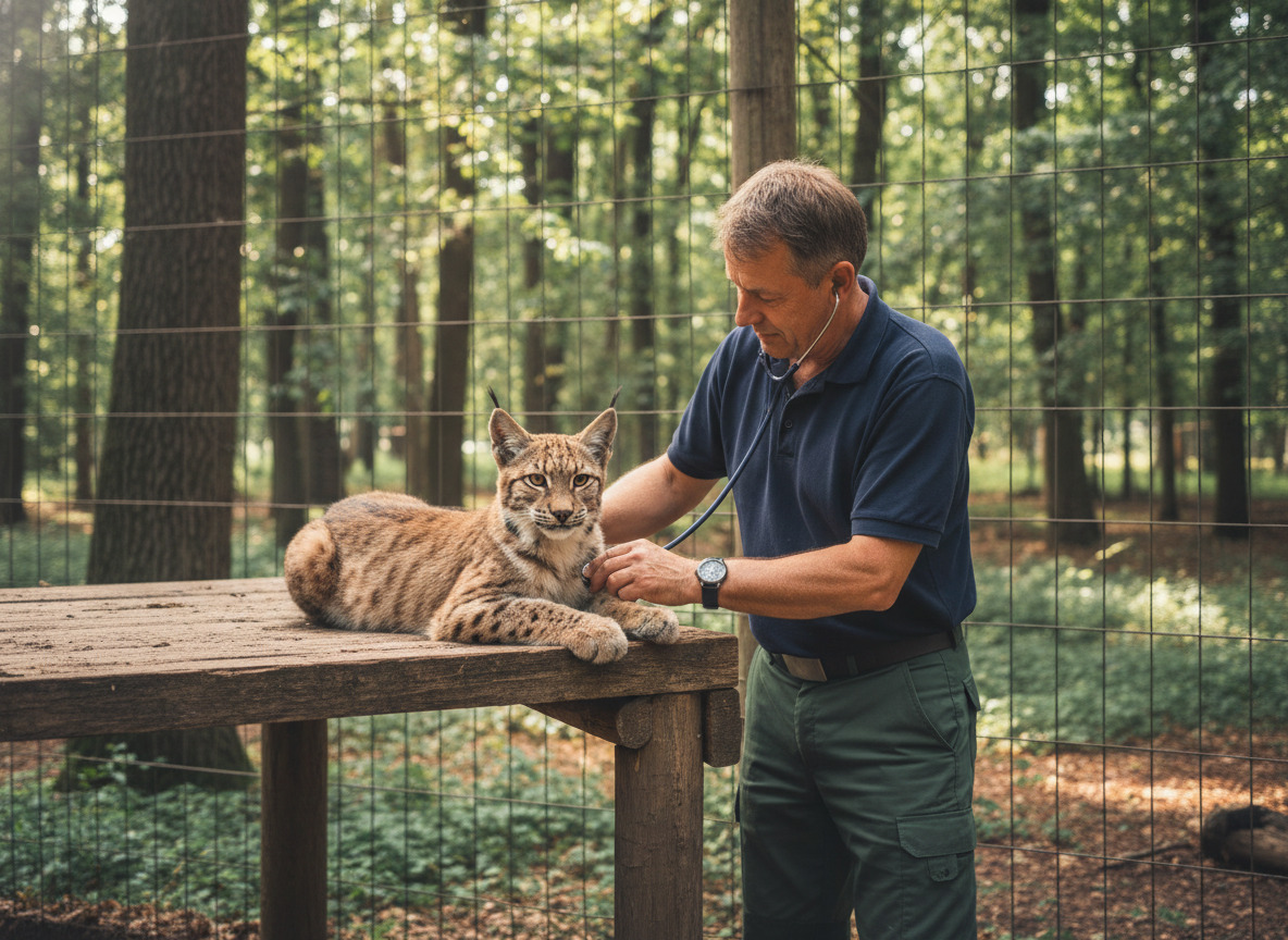Gardien examinant un lynx dans une réserve naturelle en plein air