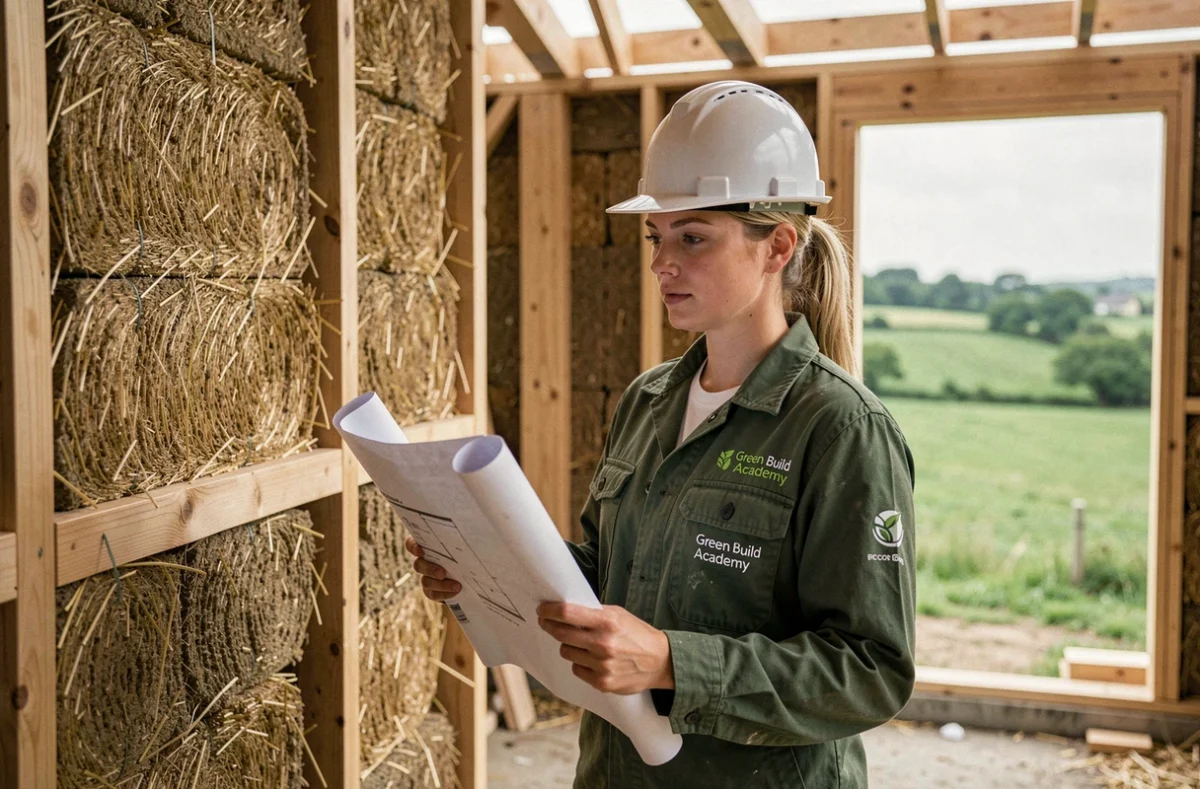 Étudiante en construction écologique sur un chantier de Green Build Academy