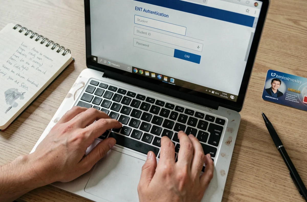 Gros plan sur les mains d'un étudiant saisissant ses identifiants sur un ordinateur portable lors de la première connexion à l'ENT ULHN