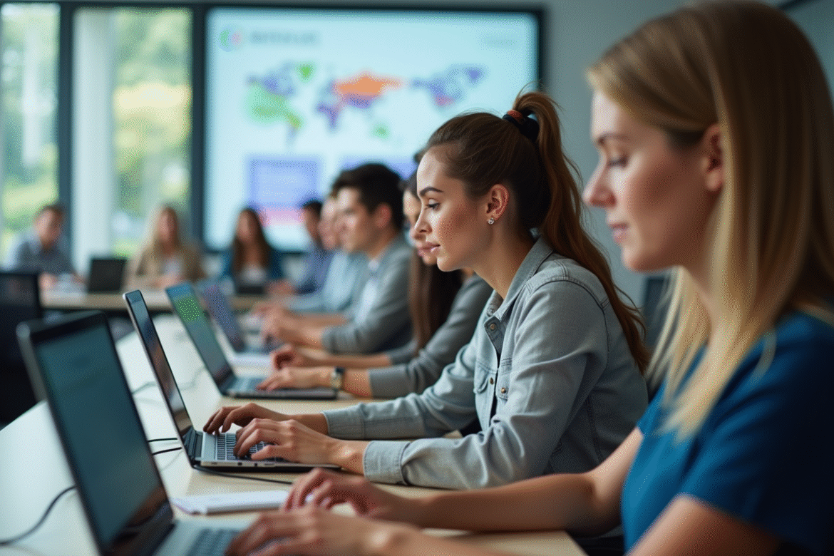 Groupe d'adultes en formation Moodle dans une salle lumineuse