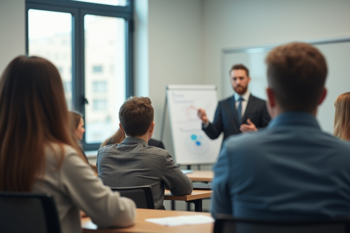 Groupe d'adultes et enfant en formation en classe lumineuse