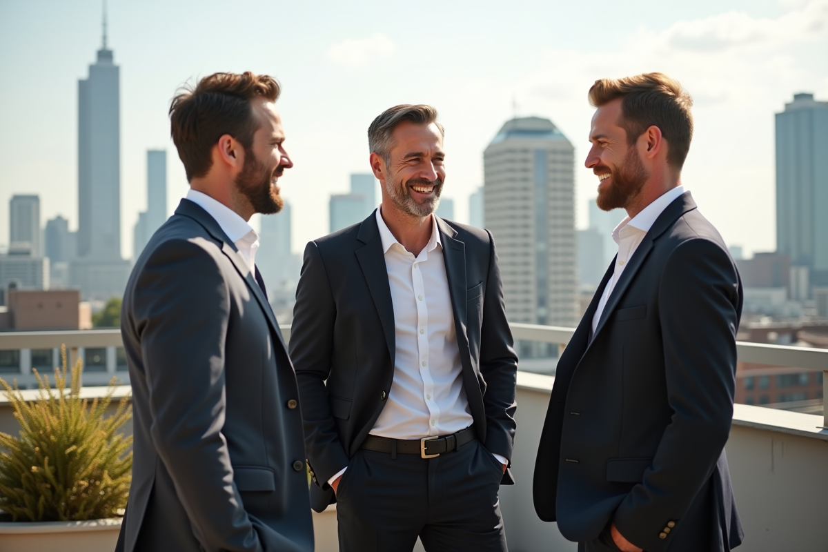 Groupe de professionnels souriants sur un toit ensoleille
