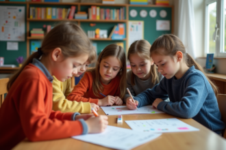 Enfants en atelier scientifique dans une classe chaleureuse