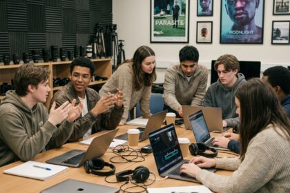 Groupe d'étudiants en audiovisuel dans une salle moderne