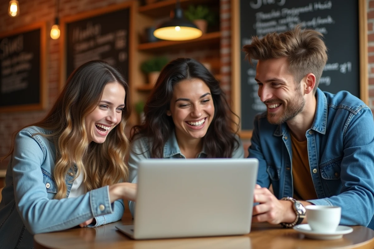 Groupe d'étudiants consultant une plateforme MOOC ensemble dans un café universitaire