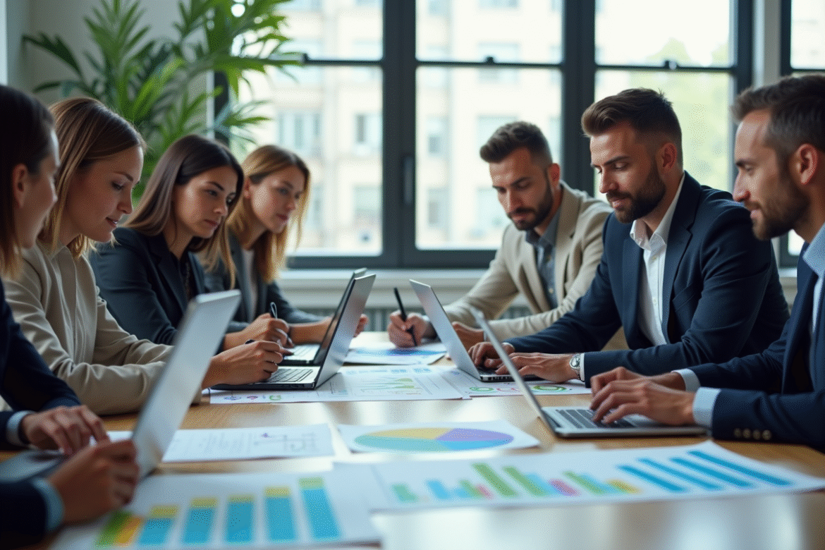 Groupe de professionnels analysant des graphiques dans un bureau lumineux