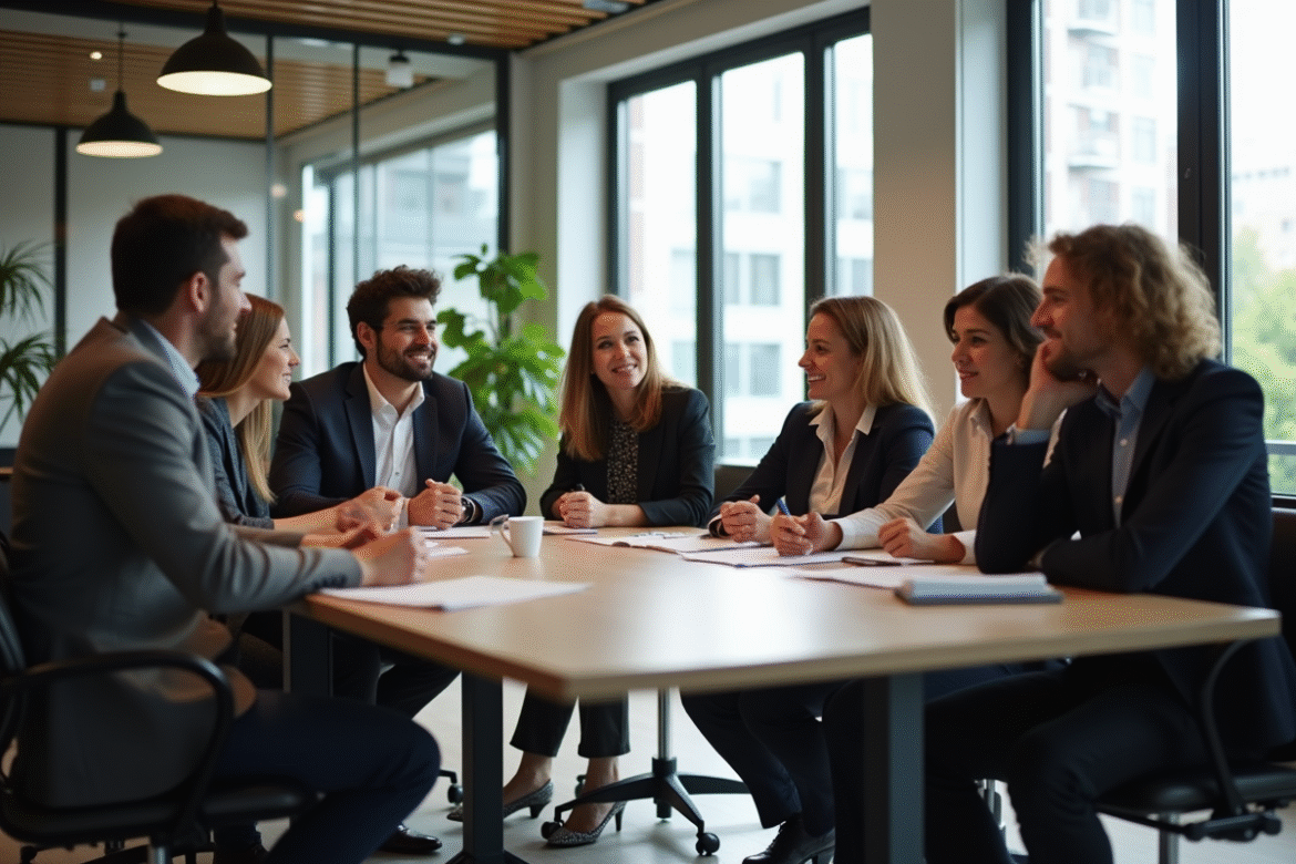 Groupe de professionnels en réunion dans un bureau moderne