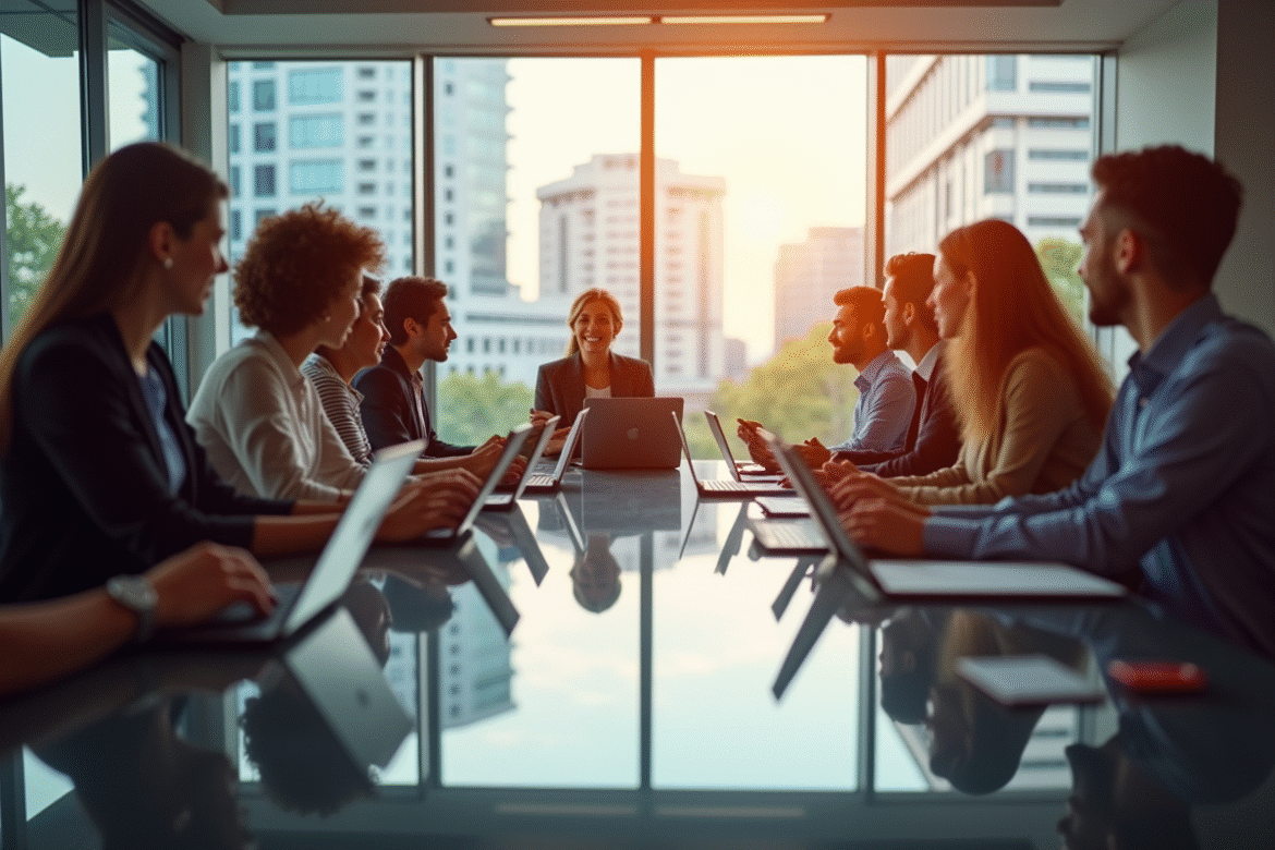 Groupe de professionnels lors d'une formation interactive en entreprise