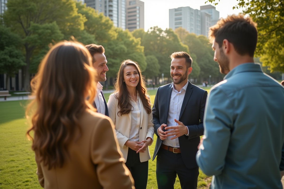 Jeunes professionnels discutant dans un parc urbain en plein air