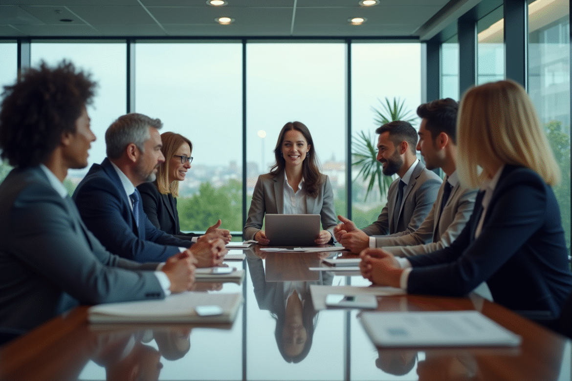 Groupe de professionnels en réunion dans un bureau moderne