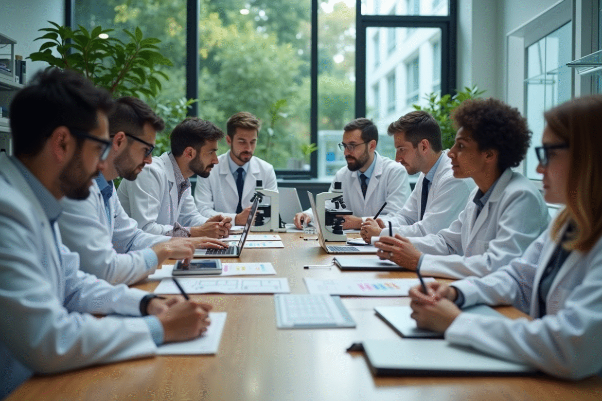 Groupe de scientifiques en discussion dans un laboratoire moderne