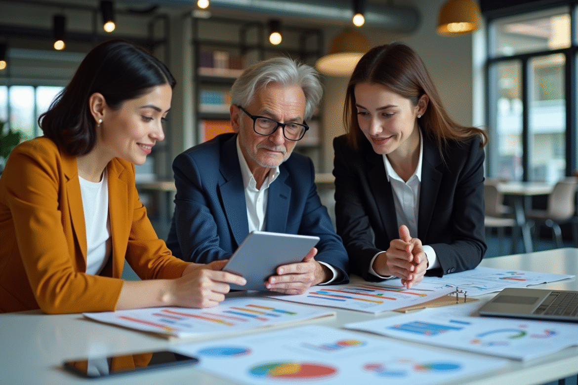 Trois professionnels collaborant autour d'une table avec graphiques