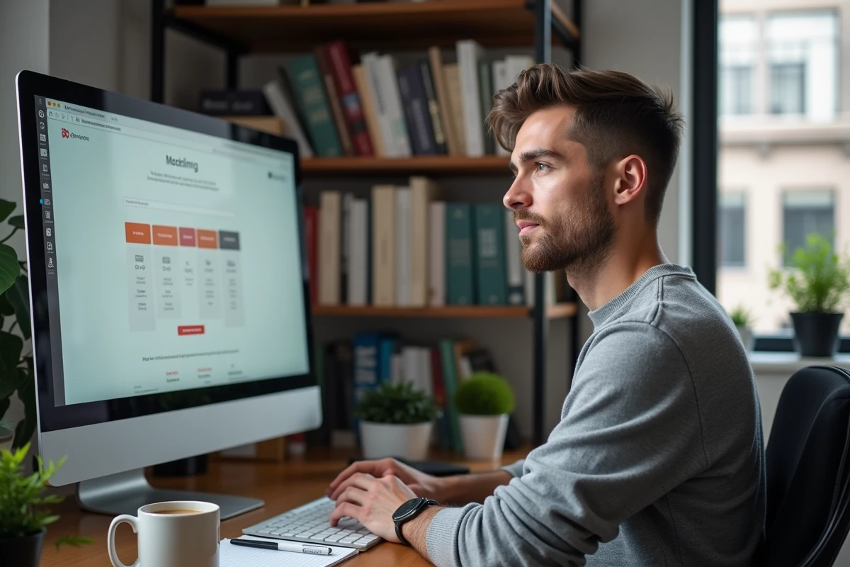 Homme en télétravail analysant les prix et formules d'abonnement d'une plateforme de formation business depuis son bureau à domicile