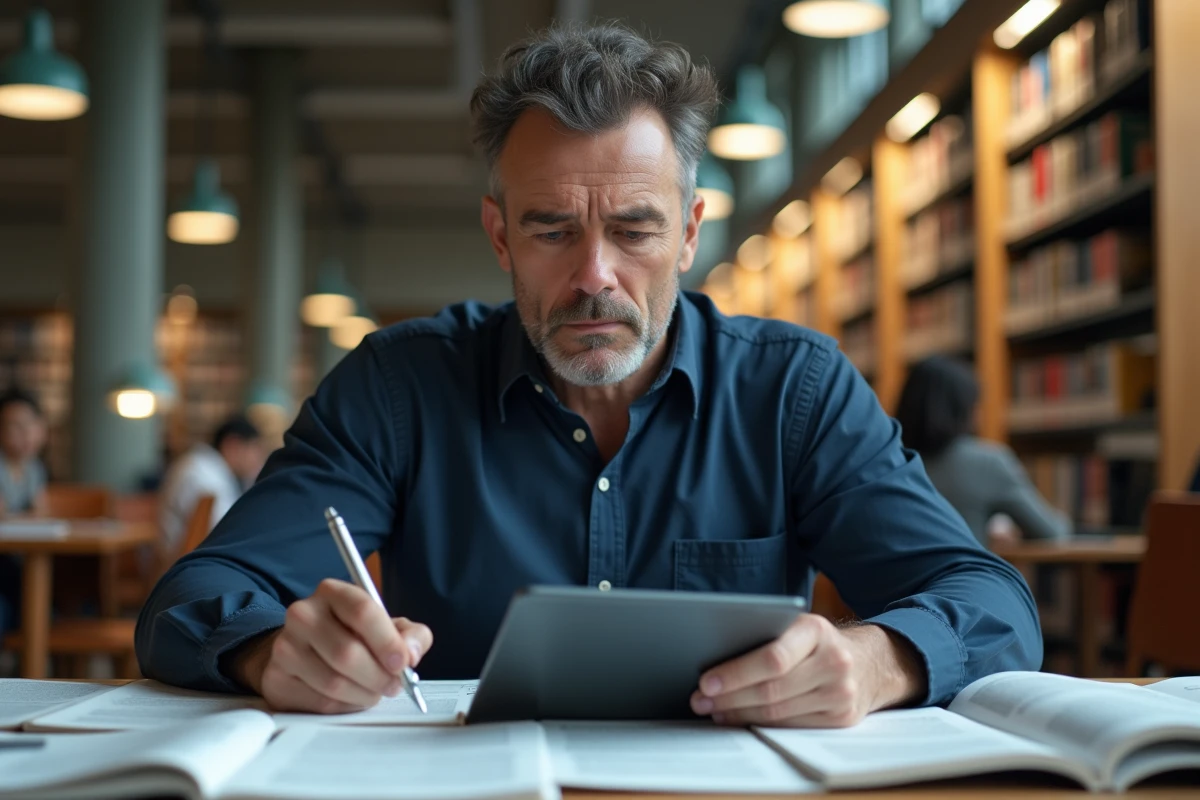 Homme analysant un test de QI en ligne sur une tablette dans une bibliothèque publique entouré de documents