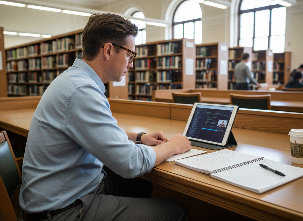 Homme lisant un cours en ligne à la bibliothèque