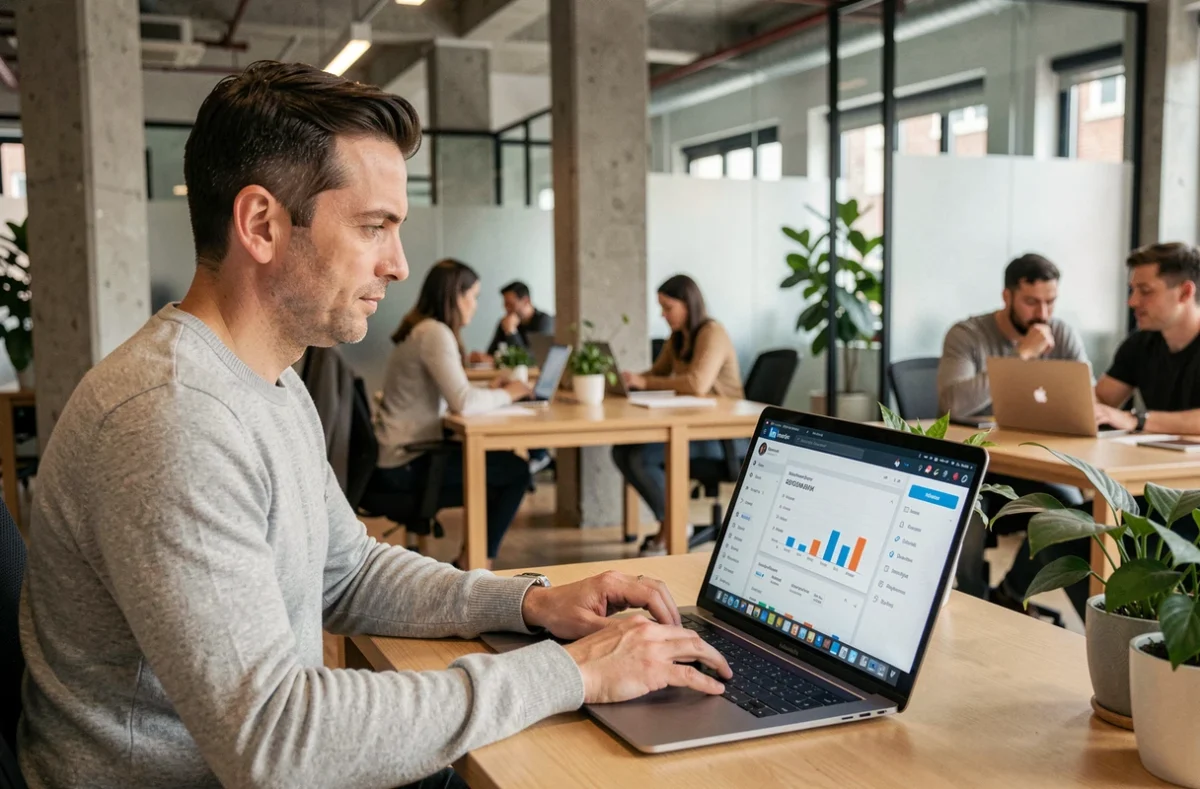 Professionnel masculin utilisant un outil d'automatisation LinkedIn dans un espace de coworking moderne