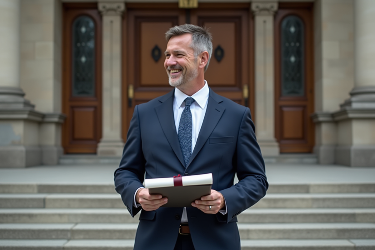 Homme en costume regardant son diplôme devant université