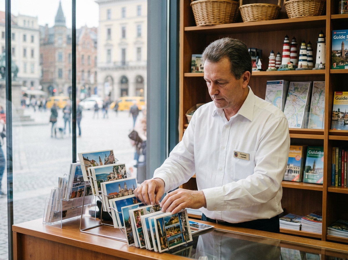 Homme arrangeant des cartes postales dans une boutique de souvenirs