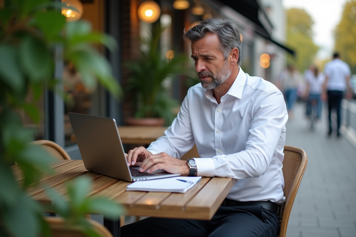 Homme en réunion vidéo dans un café en ville