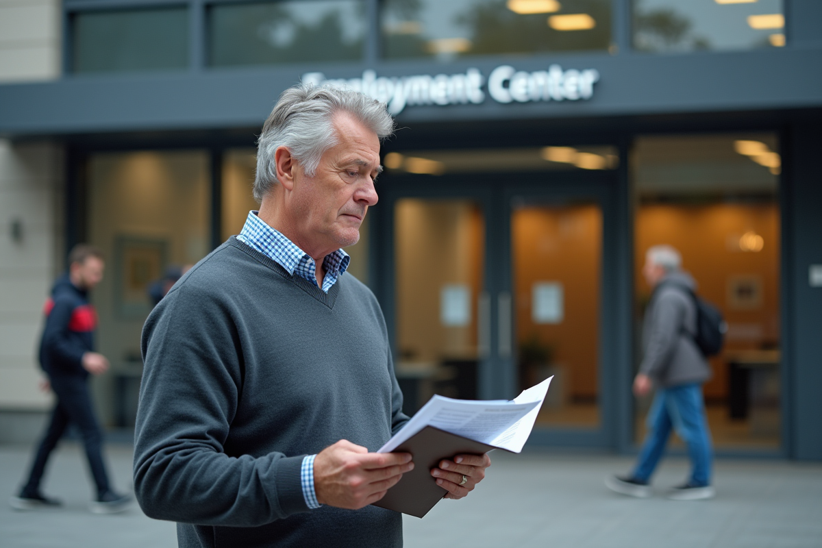 Homme d âge moyen devant un centre d emploi urbain