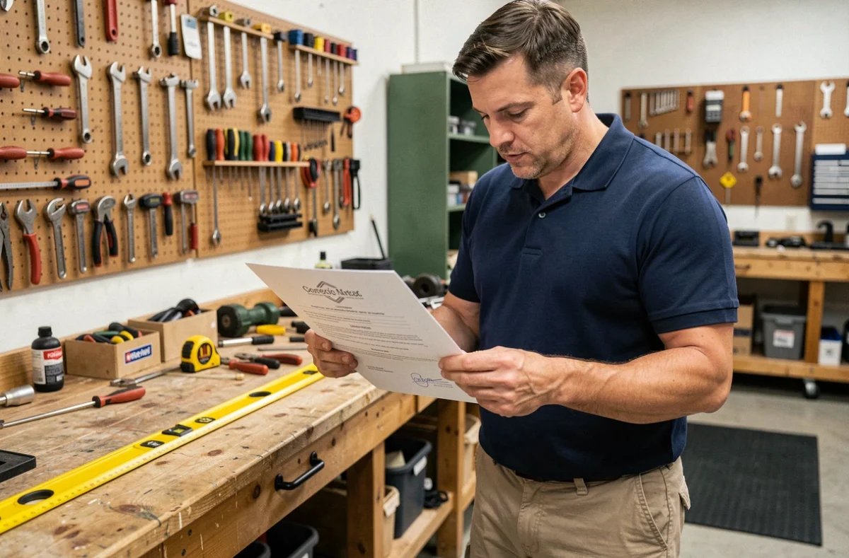 Un homme consultant son certificat de formation bricolage dans un atelier professionnel bien équipé