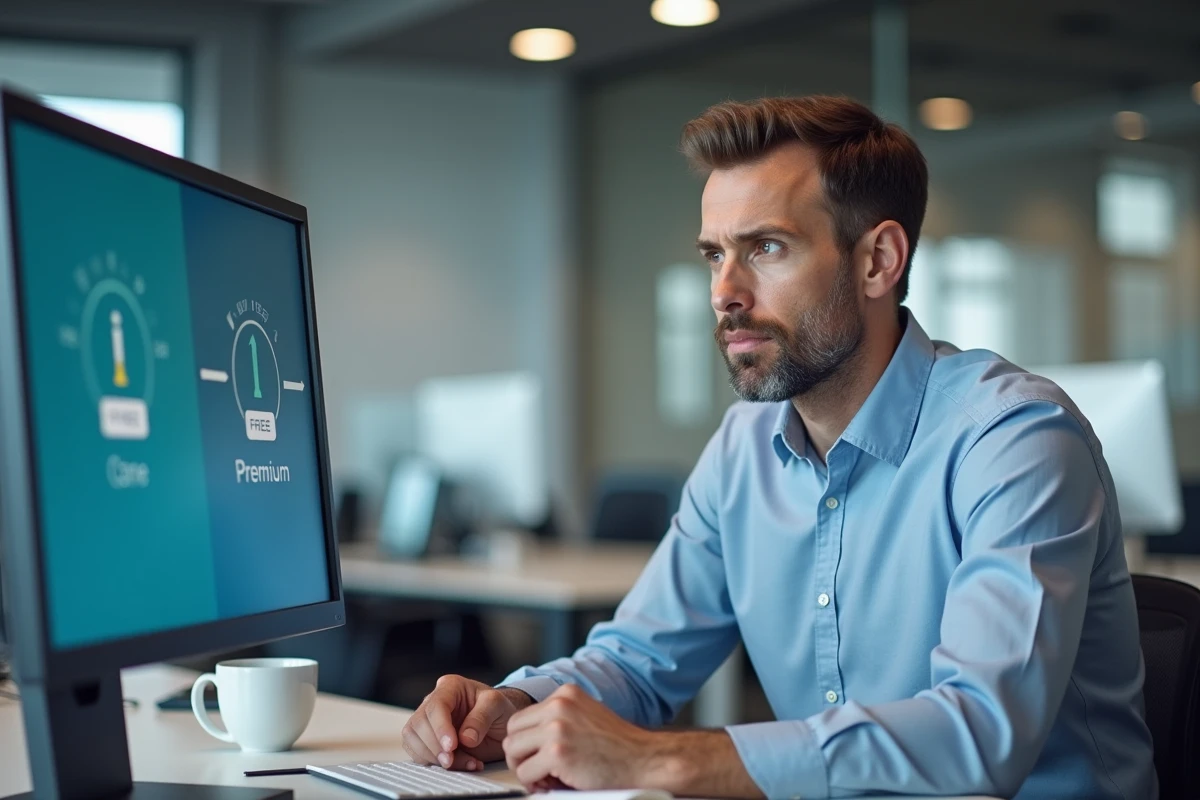 Homme comparant les versions gratuites et payantes d'un test de QI en ligne sur un grand écran dans un espace de coworking