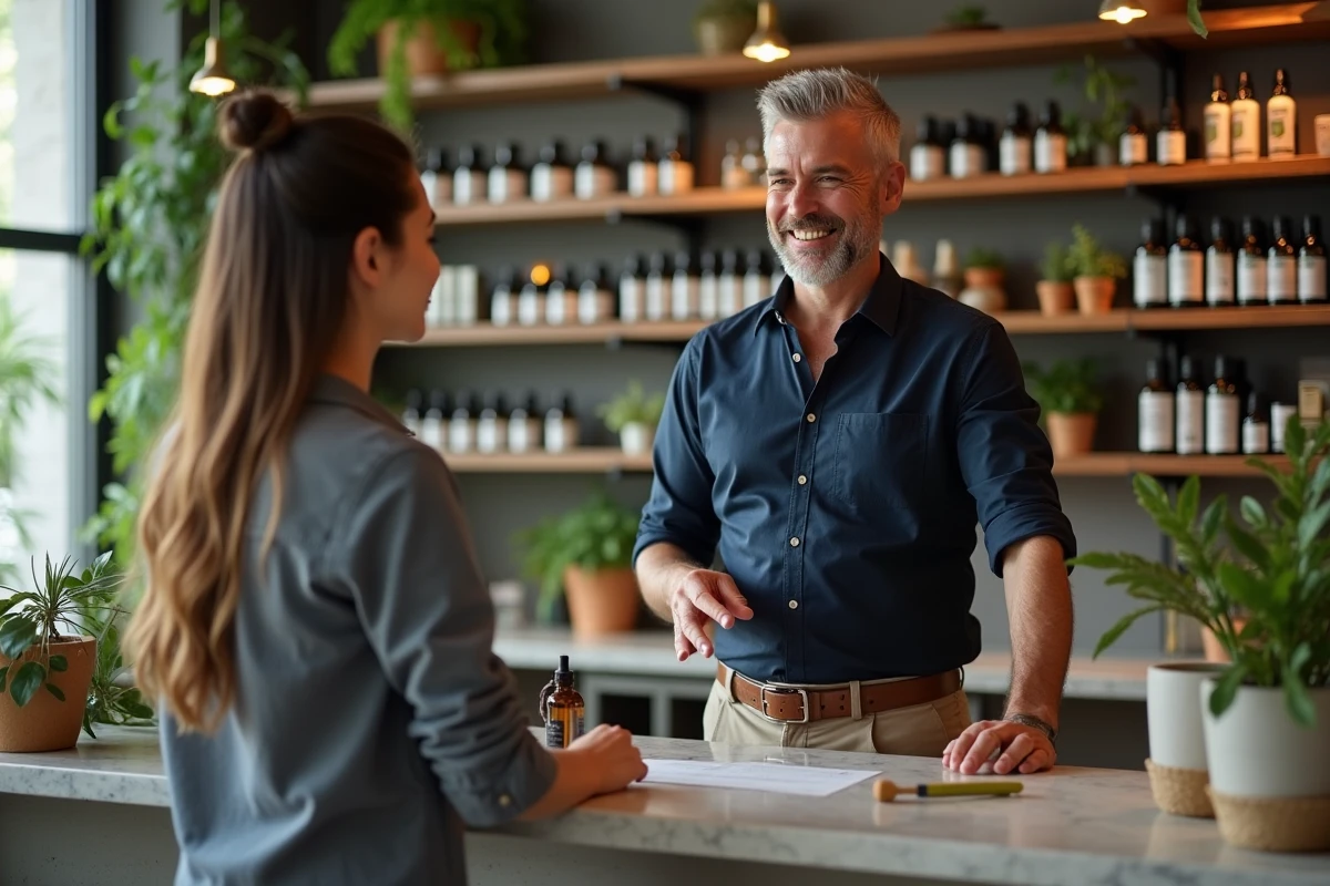 Homme conseillant un client avec produits naturels en pharmacie
