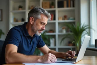 Homme consultant les tarifs d'une formation bricolage en ligne sur son bureau à domicile