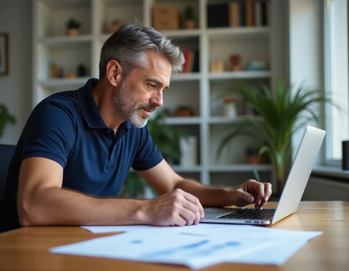 Homme consultant les tarifs d'une formation bricolage en ligne sur son bureau à domicile