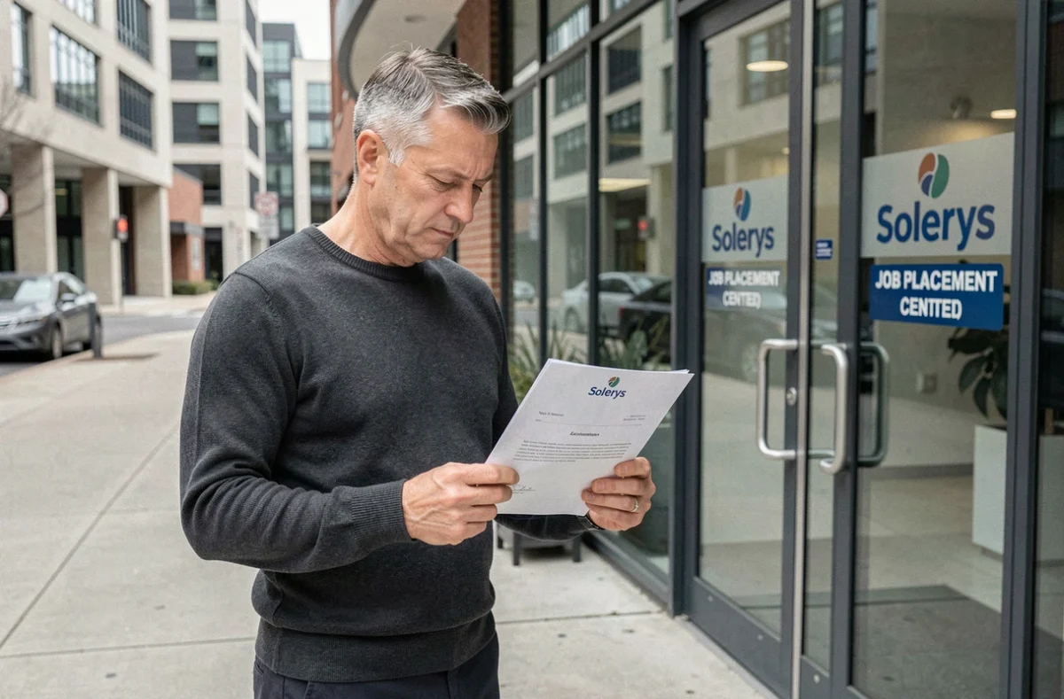 Homme lisant sa convocation Solerys devant un centre d'accompagnement emploi en milieu urbain