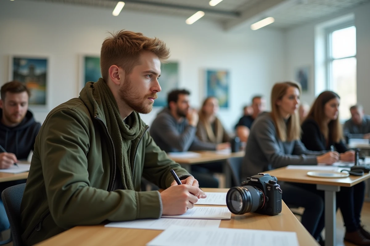 Homme en classe attentive avec matériel photo et professeur