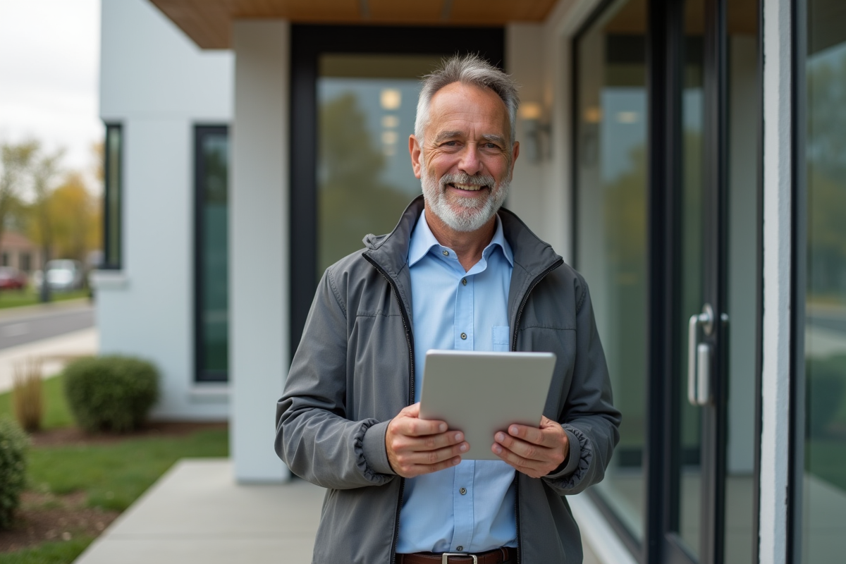 Homme souriant devant un nouveau bureau