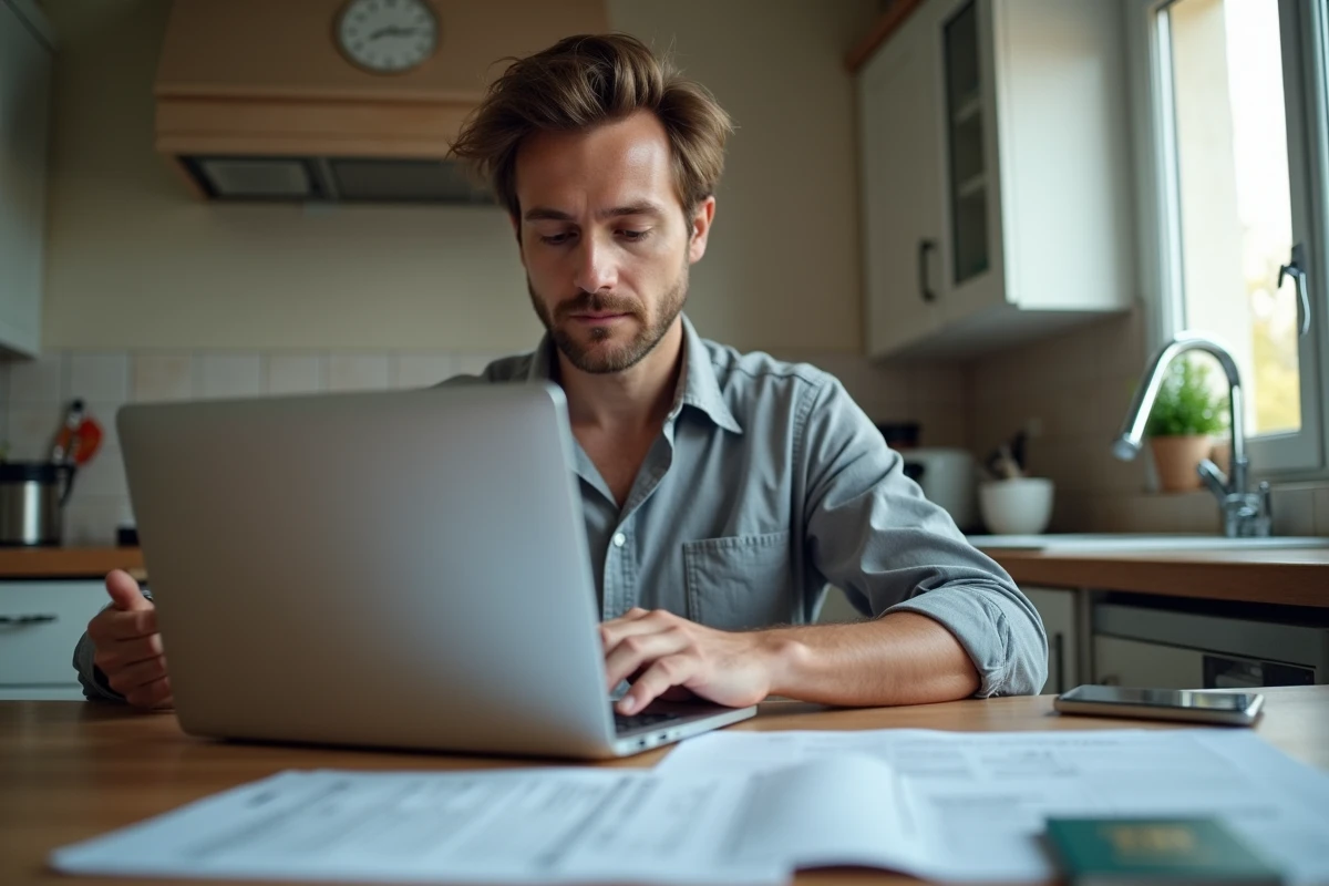 Homme expatrié préparant ses documents administratifs pour s'inscrire à Pôle emploi depuis l'étranger