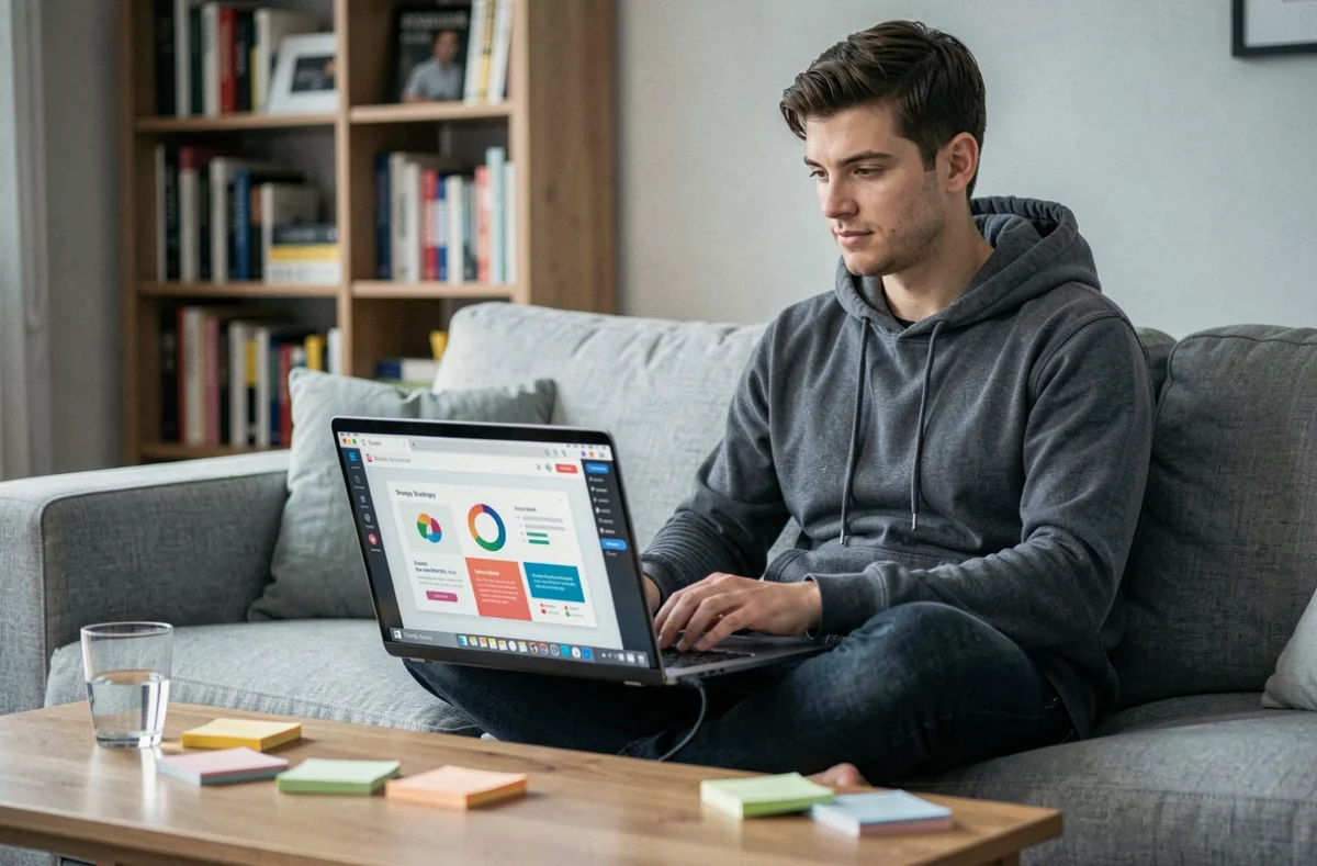Homme travaillant sur une formation Canva en ligne depuis son canapé avec un ordinateur portable