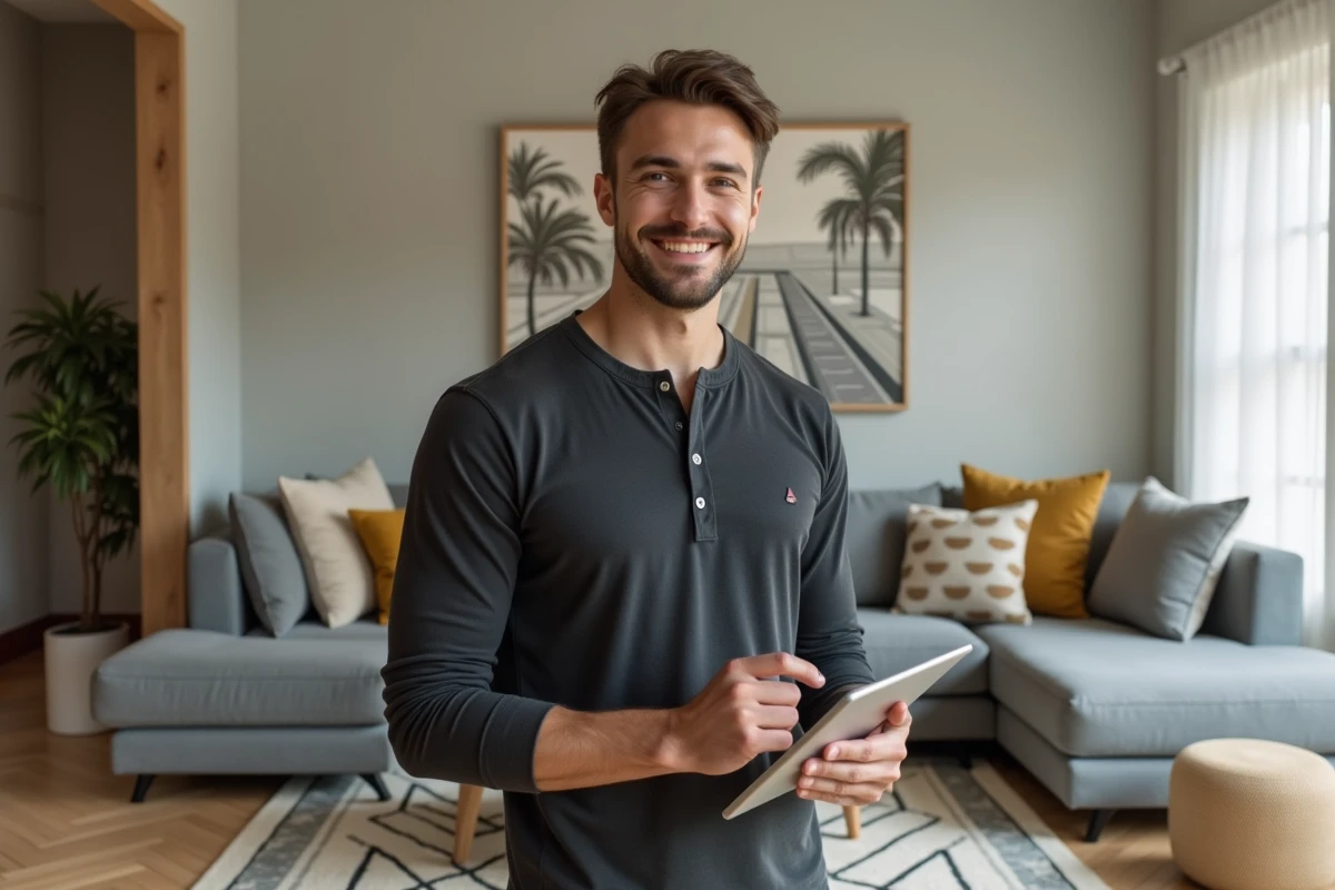 Homme en formation décoration intérieure présentant un aménagement de salon dans un showroom professionnel avec tablette numérique