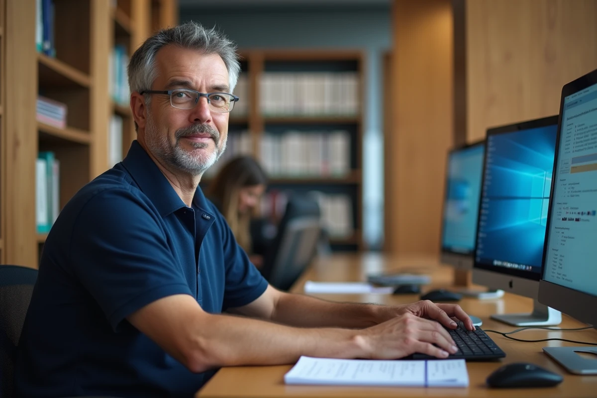 Homme d'âge moyen suivant un tutoriel en ligne sur Moodle dans un espace de coworking avec un guide imprimé posé à côté du clavier