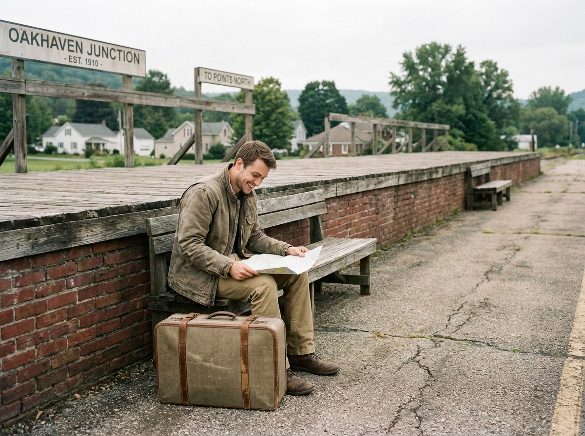 Homme souriant regardant une carte à la gare rurale