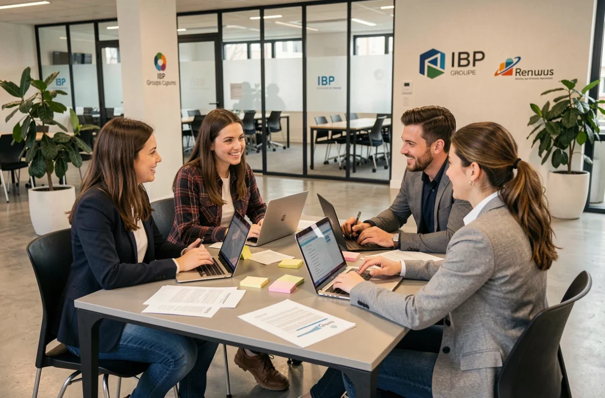 Étudiants en travail collaboratif dans un espace moderne du Campus IBP Groupe à Rennes