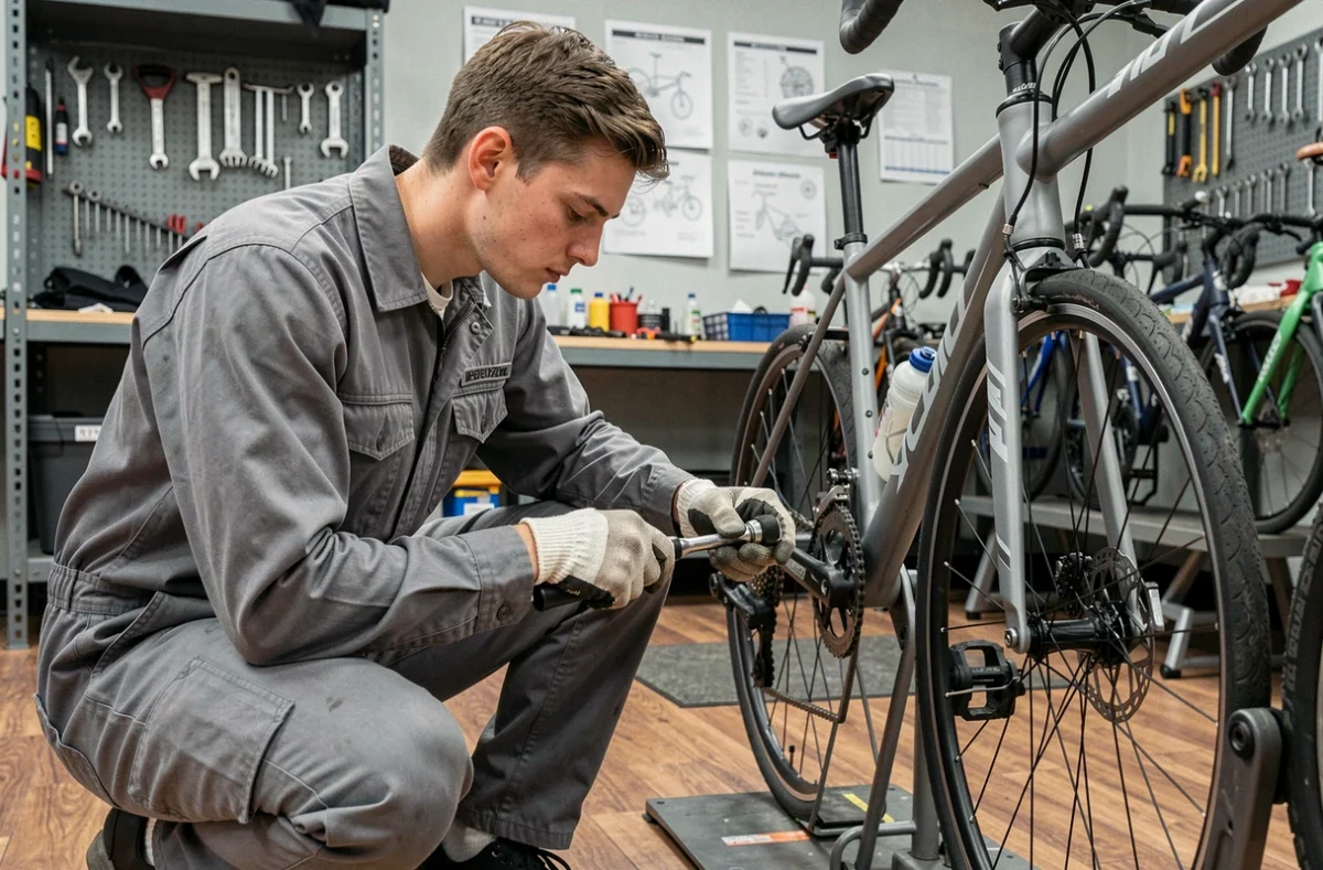 Apprenti technicien à l'Institut National du Cycle et du Motocycle INCM, effectuant une révision de vélo en atelier