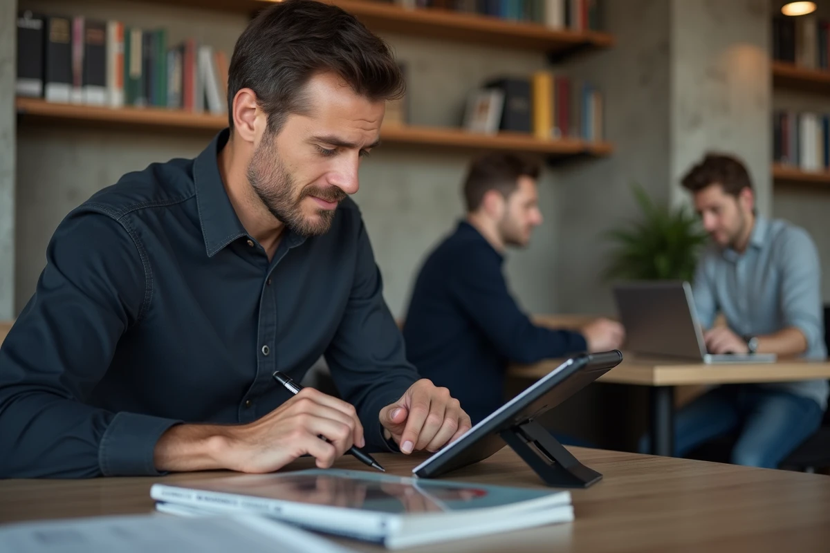 Homme consultant le processus d'inscription à decoscope.fr formation design dans un espace de coworking moderne