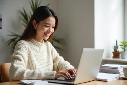 Jeune femme s'inscrivant à une formation design en ligne sur decoscope.fr depuis son bureau à domicile