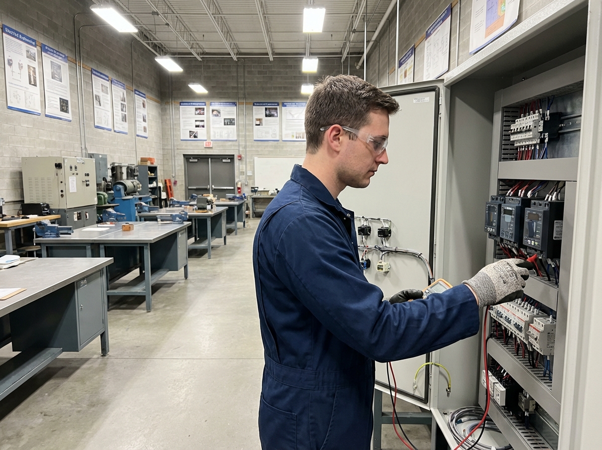 Jeune homme inspecte un panneau électrique dans un centre de formation